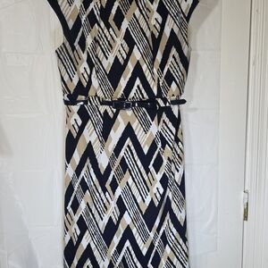 Dress Barn Sleeveless Navy, Beige & White Geometric Sheath Dress with Belt